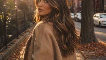 Fall balayage ideas caramel ribbons over dark brown hair in autumn light