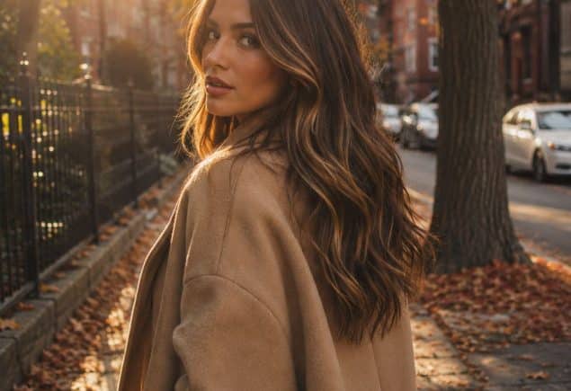 Fall balayage ideas caramel ribbons over dark brown hair in autumn light