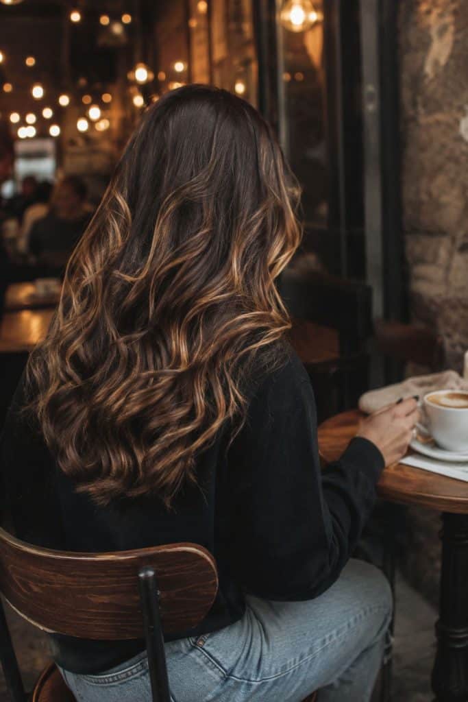 Golden caramel balayage fall hair color on brunette curls