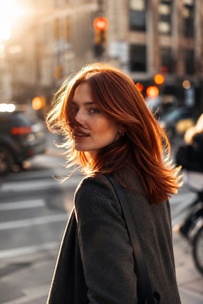 Copper penny fall hair color glowing at golden hour