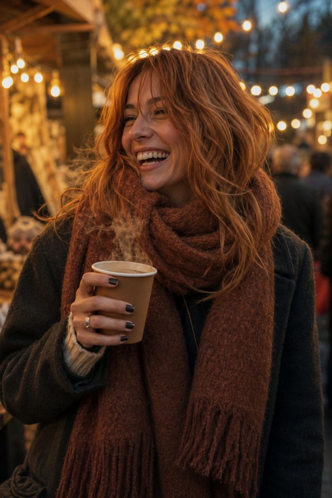 Soft pumpkin spice copper fall hair color with curtain bangs