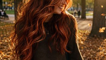 Red hair with highlights auburn copper waves in falling autumn leaves