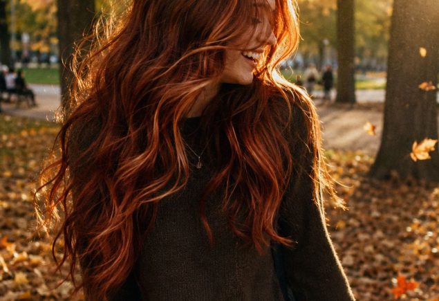 Red hair with highlights auburn copper waves in falling autumn leaves