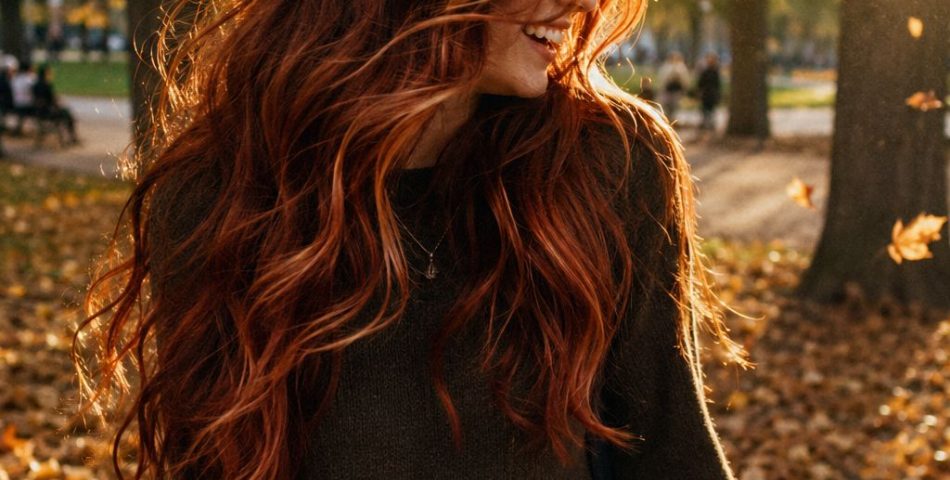 Red hair with highlights auburn copper waves in falling autumn leaves